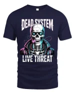 Dead System Live Threat Cyberpunk Skeleton Graphic T Shirt - navy t-shirt on white background