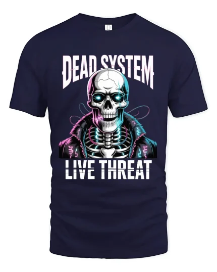 Dead System Live Threat Cyberpunk Skeleton Graphic T Shirt - navy t-shirt on white background