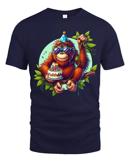 Funny Orangutan Birthday Party Graphic T Shirt With Cake - navy t-shirt on white background