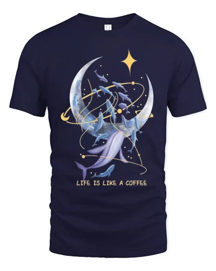 Life Is Like A Coffee Moon And Whale Dream Graphic T Shirt - navy t-shirt on white background