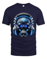 Neon Skull Headphones Music Graphic T Shirt With DJ Vibes - navy t-shirt on white background