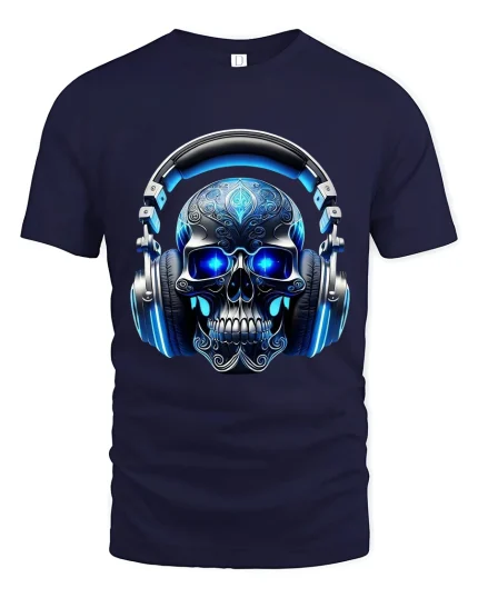 Neon Skull Headphones Music Graphic T Shirt With DJ Vibes - navy t-shirt on white background