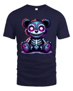 Cute Spooky Skeleton Teddy Bear Neon Art Graphic T Shirt - navy t-shirt on white background