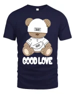 Cute Teddy Bear Good Love Graphic T Shirt With Soft Sweet Style - navy t-shirt on white background