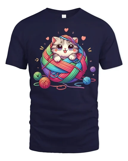 Cute Kitten Yarn Ball Graphic T Shirt With Cozy Funny Style - navy t-shirt on white background