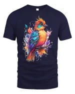 Colorful Artistic Bird Illustration Graphic T Shirt With Nature Vibe - navy t-shirt on white background