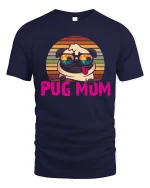 Pug Mum Retro Sunset Graphic Tee With Cute Funny Dog Art - navy t-shirt on white background