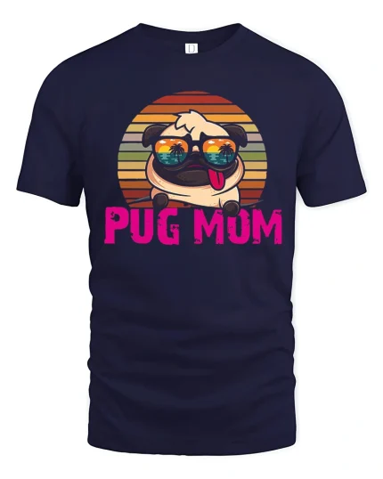 Pug Mum Retro Sunset Graphic Tee With Cute Funny Dog Art - navy t-shirt on white background