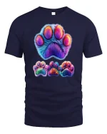 Colorful Furry Paw Print Graphic Tee With Cute Animal Art - navy t-shirt on white background