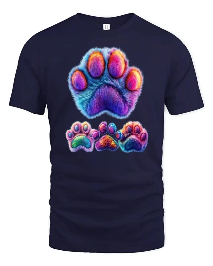 Colorful Furry Paw Print Graphic Tee With Cute Animal Art - navy t-shirt on white background