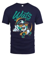 Wats Cool Earth Skateboard Cartoon Street Art Graphic T Shirt - navy t-shirt on white background