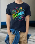 Neon Gamer Headset Mouse Keyboard Colorful Gaming Graphic T Shirt - model wearing navy tee with hands in pockets