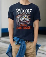 Pack Off Lone Savage Wolf Graphic T Shirt Fierce Alpha Style - model wearing navy tee with hands in pockets