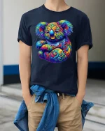 Psychedelic Koala Colorful Swirl Art Graphic T Shirt - model wearing navy tee with hands in pockets