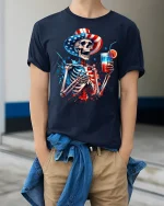 Patriotic Skeleton Drink Graphic T Shirt American Style Art - model wearing navy tee with hands in pockets