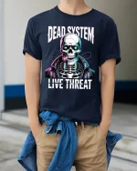 Dead System Live Threat Cyberpunk Skeleton Graphic T Shirt - model wearing navy tee with hands in pockets