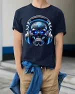 Neon Skull Headphones Music Graphic T Shirt With DJ Vibes - model wearing navy tee with hands in pockets