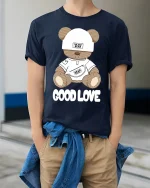 Cute Teddy Bear Good Love Graphic T Shirt With Soft Sweet Style - model wearing navy tee with hands in pockets