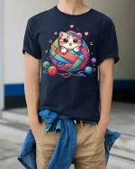 Cute Kitten Yarn Ball Graphic T Shirt With Cozy Funny Style - model wearing navy tee with hands in pockets