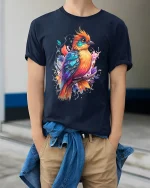 Colorful Artistic Bird Illustration Graphic T Shirt With Nature Vibe - model wearing navy tee with hands in pockets