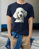 Cute White Poodle Portrait Graphic Tee With Elegant Dog Art - model wearing navy tee with hands in pockets