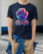 Colorful Furry Paw Print Graphic Tee With Cute Animal Art - model wearing navy tee with hands in pockets