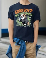 Good Boy Not Your Banker Funny Bulldog Money Graphic T Shirt - model wearing navy tee with hands in pockets