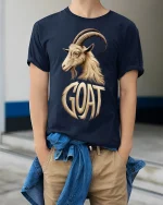GOAT Greatest Of All Time Bold Goat Illustration Graphic T Shirt - model wearing navy tee with hands in pockets