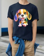 Cute Puppy Big Eyes Smiling Dog Illustration Graphic T Shirt - model wearing navy tee with hands in pockets