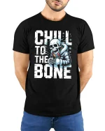 Chill to the Bone Skeleton Winter Graphic T Shirt With Cool Attitude - model wearing black tee with hands behind back