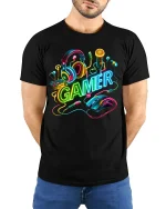 Neon Gamer Headset Mouse Keyboard Colorful Gaming Graphic T Shirt - model wearing black tee with hands behind back