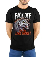 Pack Off Lone Savage Wolf Graphic T Shirt Fierce Alpha Style - model wearing black tee with hands behind back