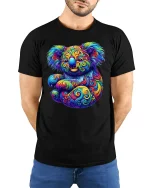 Psychedelic Koala Colorful Swirl Art Graphic T Shirt - model wearing black tee with hands behind back