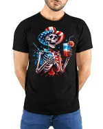 Patriotic Skeleton Drink Graphic T Shirt American Style Art - model wearing black tee with hands behind back