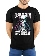 Dead System Live Threat Cyberpunk Skeleton Graphic T Shirt - model wearing black tee with hands behind back