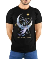 Life Is Like A Coffee Moon And Whale Dream Graphic T Shirt - model wearing black tee with hands behind back