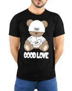 Cute Teddy Bear Good Love Graphic T Shirt With Soft Sweet Style - model wearing black tee with hands behind back