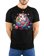 Cute Kitten Yarn Ball Graphic T Shirt With Cozy Funny Style - model wearing black tee with hands behind back
