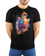 Colorful Artistic Bird Illustration Graphic T Shirt With Nature Vibe - model wearing black tee with hands behind back