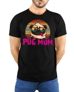 Pug Mum Retro Sunset Graphic Tee With Cute Funny Dog Art - model wearing black tee with hands behind back