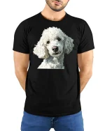Cute White Poodle Portrait Graphic Tee With Elegant Dog Art - model wearing black tee with hands behind back