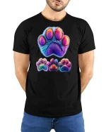 Colorful Furry Paw Print Graphic Tee With Cute Animal Art - model wearing black tee with hands behind back