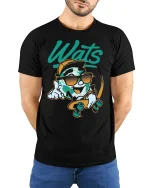 Wats Cool Earth Skateboard Cartoon Street Art Graphic T Shirt - model wearing black tee with hands behind back