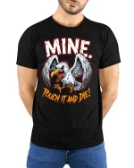 Mine Touch It And Die Angry Eagle Warning Graphic T Shirt - model wearing black tee with hands behind back