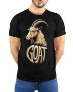 GOAT Greatest Of All Time Bold Goat Illustration Graphic T Shirt - model wearing black tee with hands behind back