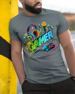 Neon Gamer Headset Mouse Keyboard Colorful Gaming Graphic T Shirt - model wearing grey tee, leaning on column