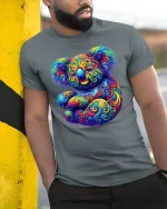 Psychedelic Koala Colorful Swirl Art Graphic T Shirt - model wearing grey tee, leaning on column