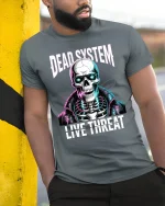 Dead System Live Threat Cyberpunk Skeleton Graphic T Shirt - model wearing grey tee, leaning on column