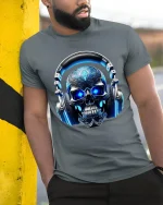 Neon Skull Headphones Music Graphic T Shirt With DJ Vibes - model wearing grey tee, leaning on column