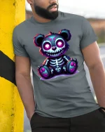 Cute Spooky Skeleton Teddy Bear Neon Art Graphic T Shirt - model wearing grey tee, leaning on column